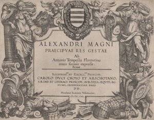 Frontespizio alla vita di Alessandro Magno, a sinistra è Bellona e a destra una figura femminile ..., 1608 da Antonio Tempesta