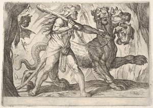 Ercole e Cerbero: Ercole afferra il collare di Cerbero, due demoni appaiono a sinistra..., 1608 da Antonio Tempesta