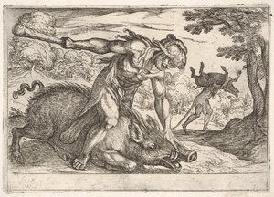 Ercole e il cinghiale di Erimanto: Ercole tiene giù il muso del cinghiale con la mano sinistra, 1608 da Antonio Tempesta