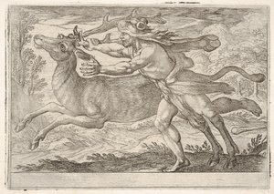 Ercole e la cerva di Monte Cerynea: Ercole cammina accanto alla cerva e la afferra..., 1608 da Antonio Tempesta