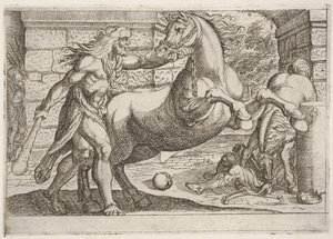 Ercole e le cavalle di Diomede: Ercole afferra le briglie di un cavallo impennato da Antonio Tempesta