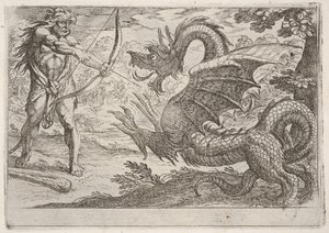 Ercole e il serpente Ladone: Ercole tende il suo arco, appare il serpente raring da Antonio Tempesta
