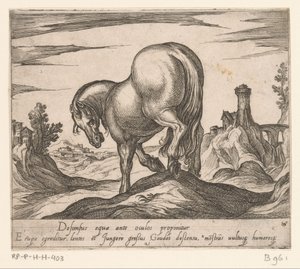 Cavallo che scende una collina visto da dietro (serie Paarden uit verschillende landen, His ducibus princeps celebraberis ore viroru illa homines beat haec sideribusq locat) da Antonio Tempesta
