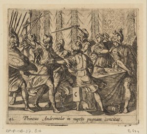 Fineo interrompe il matrimonio di Perseo e Andromeda (Phineus Andromedae in nuptijs pugnam concitat, Metamorfosi di Ovidio) da Antonio Tempesta