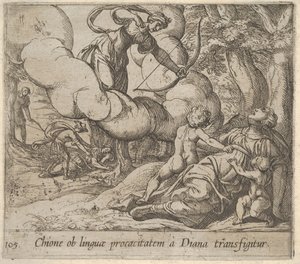 Diana che mira il suo arco verso Chione, accompagnata da due bambini da Antonio Tempesta
