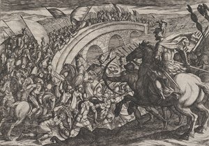 Tavola 11: Le truppe di Civilis attraversano il fiume Mosa, dalla guerra dei Romani contro i ..., 1611 da Antonio Tempesta