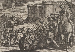 Tavola 16: Prigionieri Romani Davanti alla Vecchia Fortezza, da La Guerra dei Romani Contro i B..., 1611 da Antonio Tempesta