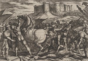 Tavola 17: I Romani ingannati dal cavallo di Civilis a credere che fosse morto o ferito, da... da Antonio Tempesta