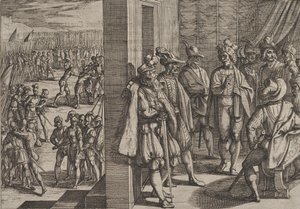 Tavola 18: Incontro segreto di Civilis con altri leader di Treviri, dalla Guerra dei Romani, 1611 da Antonio Tempesta