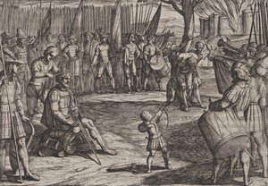 Tavola 20: Civilis si fa tagliare i capelli, da La guerra dei Romani contro i Batavi, 1611 da Antonio Tempesta