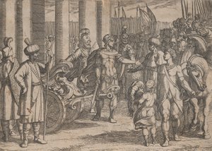 Tavola 2: Alessandro taglia il nodo gordiano, da Le gesta di Alessandro Magno (1608) da Antonio Tempesta