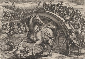 Tavola 31: Civilis costretto a smontare e nuotare attraverso il fiume, dalla Guerra dei Romani da Antonio Tempesta