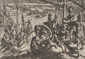 Tavola 33: Flottiglie olandesi e romane sul Reno, da La guerra dei Romani contro i B... da Antonio Tempesta