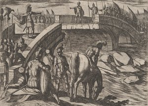 Tavola 36: Civilis e Cerialis si incontrano su un ponte rotto per raggiungere un accordo, da La guerra di... da Antonio Tempesta