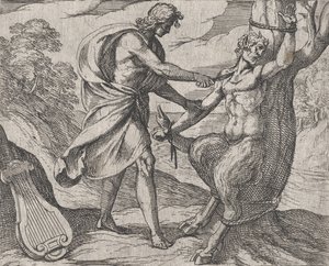 Apollo uccide Marsia, Marsia sconfitto da Apollo viene scorticato, da Ovidio da Antonio Tempesta