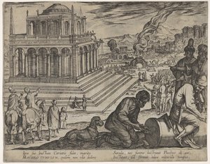 Tavola 5: Tomba di Mausolo, scalpellini fanno una colonna a destra, da Le Sette Meraviglie..., 1608 da Antonio Tempesta