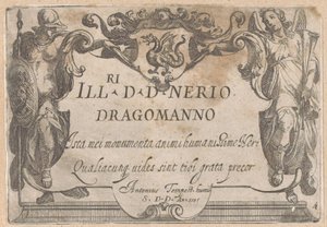 Frontespizio con cartiglio con dedica, fiancheggiato da Minerva e Fama (Scene di caccia) da Antonio Tempesta