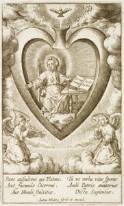Il Bambino Gesù seduto nel sacro cuore con un libro aperto