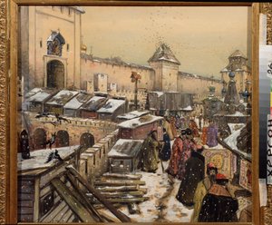 Mosca nel XVII secolo, bancarelle sul ponte del Cristo Salvatore da Apollinari Mikhailovich Vasnetsov