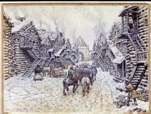 Vecchia Mosca. Architettura tradizionale in legno sotto la neve
