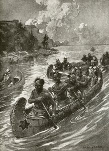 Samuel De Champlain nel 1608 risalendo il fiume San Lorenzo nelle canoe degli indiani d