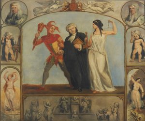dipinto; olio su tela - Ritratto di Renton Nicholson con scene e figure allegoriche da Archibald Henning