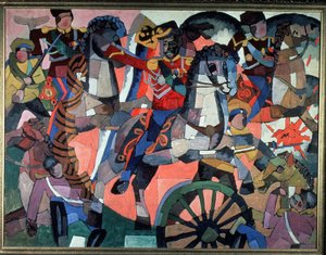 Bataille de la victoire. Scena di battaglia, espressiva e colorata, soldati armati, cavalieri in carica, ruota di cannone ed esplosioni e soldati caduti. Dipinto di Aristarkh Vasilyevich Lentulov, olio su tela, 191