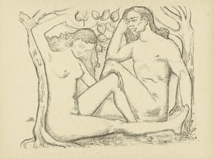 Adamo ed Eva seduti vicino a un albero