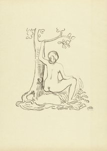 Donna nuda seduta vicino a un albero