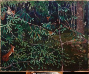 Gli abitanti della foresta. (Scoiattoli sui rami e un uccello che becca un tronco). Dipinto di Arkadi Alexandrovich Rylov, olio su tela da Arkadij Aleksandrovic Rylov