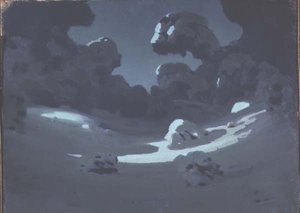 La luna illumina una radura nella foresta