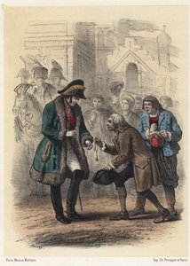 Re Carlo XIV (Giovanni di Svezia) (Jean Baptiste Bernadotte) (1763-1844) riceve una medaglia dal suo ex insegnante - Incisione di Telory da Armand Louis Henri Telory