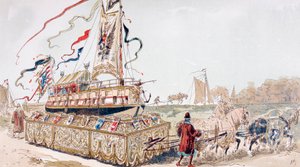 Una chiatta reale trainata da cavalli su un carro verso un canale nel XVI secolo da Armand Jean Heins