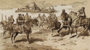 Soffiatori di conchiglie e zattera in tempi primitivi da Armand Jean Heins