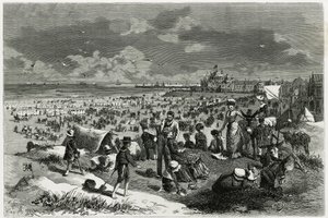 Spiaggia di Ostenda. Incisione di A.Heins, per illustrare il racconto “Il Belgio”, di Camille Lemonnier (1844-1913), scrittore e critico d