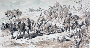 Buoi che trainano una slitta primitiva carica di rocce da Armand Jean Heins