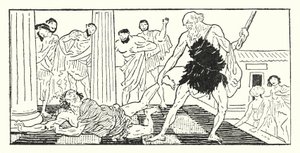 Ulisse trascina Irus fuori dalla sala