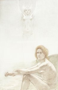 Nudo femminile seduto con figura femminile spettrale sullo sfondo da Armand Rassenfosse
