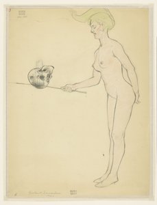 Donna nuda in piedi con un bastone e un teschio
