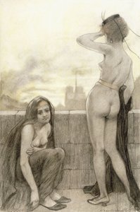 Due donne parzialmente vestite vicino a un muro in una città