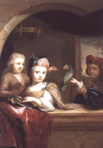 Tre bambini con un pappagallo