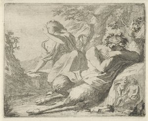 Satiro e figura femminile coprono gli occhi dalla luce del sole Scena di allegorie aperta al servizio di pittori, scultori, ecc. (serie)