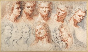 Tredici studi basati su una testa imperiale romana (gessi neri e rossi con inchiostro marrone su carta bianca)
