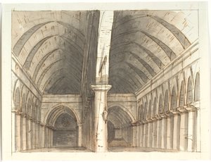 Interno del piano terra di una chiesa (?) con colonne e volte da Aron Wallick