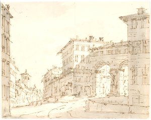 Scena di strada italiana con chiesa a sinistra e portale a destra da Aron Wallick