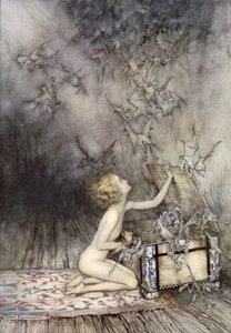 Apertura del vaso di Pandora, scena da A Wonder Book di Nathaniel Hawthorne da Arthur (after) Rackham
