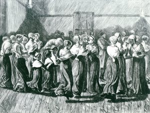 Shakers a un Incontro: la Danza Religiosa, illustrazione da The Graphic, pubblicato il 14 maggio 1870 da Arthur Boyd Houghton
