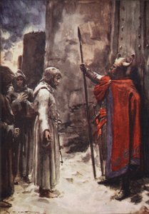 A piedi nudi, vestito con un cilicio, Enrico apparve davanti ai cancelli, chiedendo ammissione, illustrazione da 