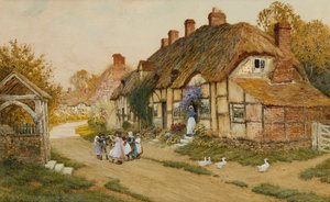 Bambini che giocano fuori da un cottage in un villaggio da Arthur Claude Strachan