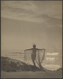 [Vista posteriore di una ballerina che indossa un costume trasparente in spiaggia].